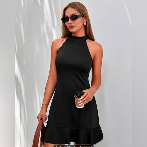 Solid Color Halter Neck Dress, Elegant Sleeveless Ruffle Hem Dress - Picture 5 of 6